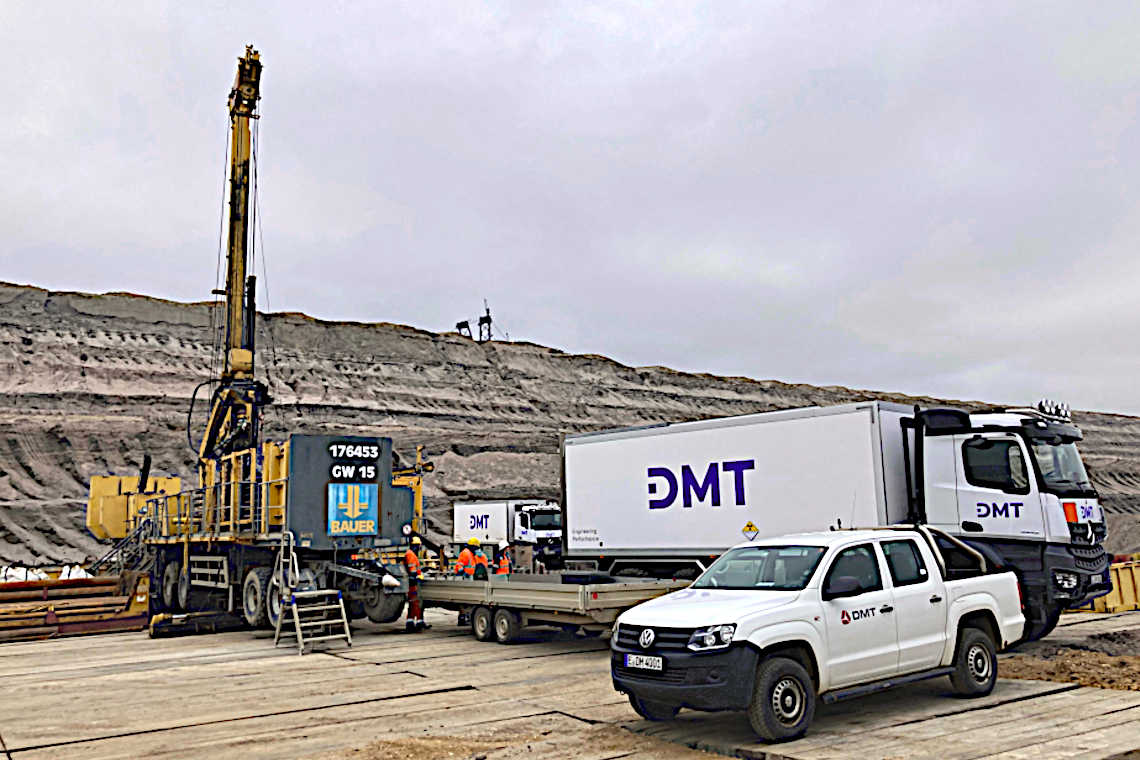 Borehole logging trucks from DMT at the drilling site in Hambach